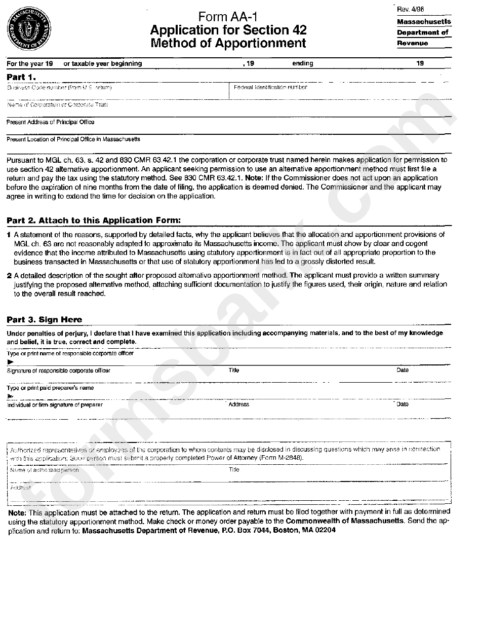 Form Aa-1 - Application For Section 42 Method Of Apportionment
