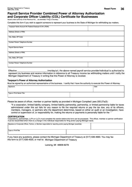 Fillable Form 3683 - Payroll Service Provider Combined Power Of Attorney Authorization And Corporate Officer Liability (Col) Certificate For Businesses Printable pdf