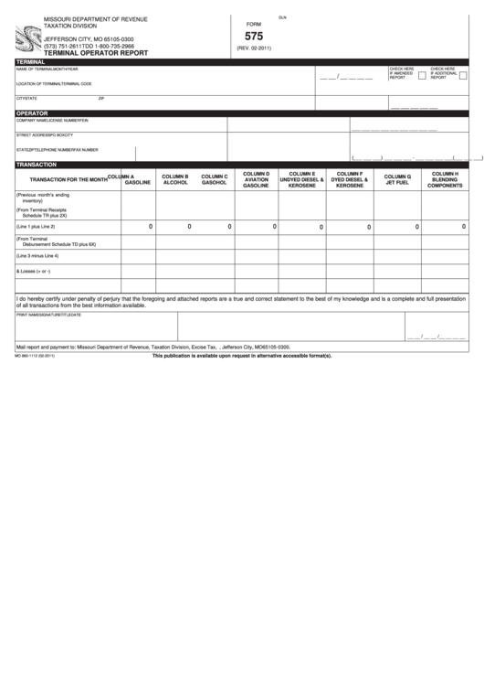 Fillable Form 575 - Terminal Operator Report Printable pdf