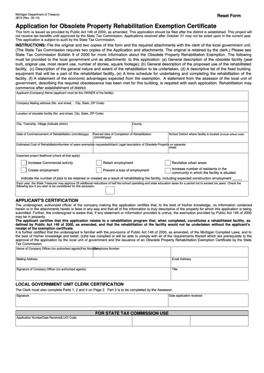 Fillable Form 3674 - Application For Obsolete Property Rehabilitation Exemption Certificate Printable pdf