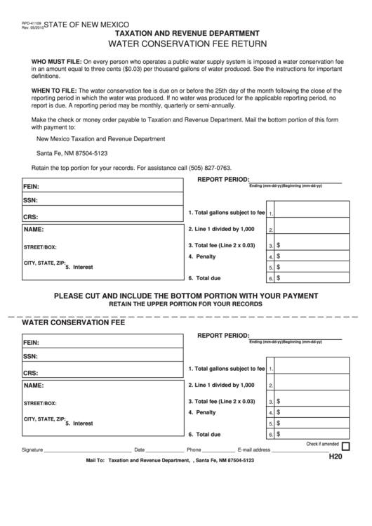 Fillable Form Rpd-41109 - Water Conservation Fee Return Printable pdf