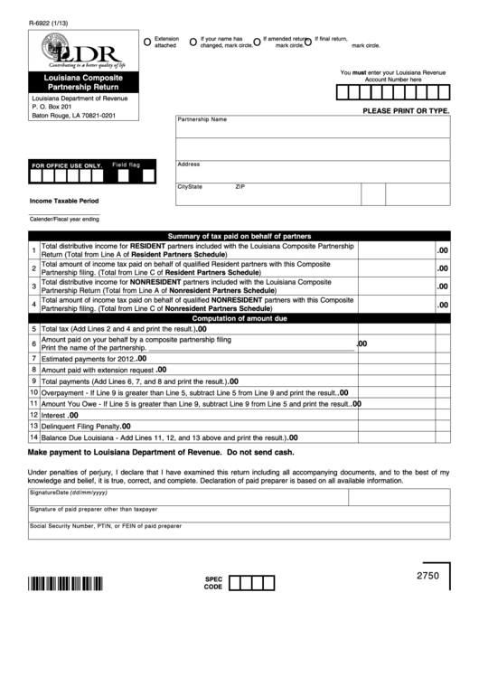 Fillable Form R-6922 - Louisiana Composite Partnership Return Printable pdf