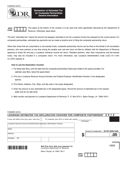 Fillable Form R-6922es - Louisiana Estimated Tax Declaration Voucher For Composite Partnership - 2012 Printable pdf