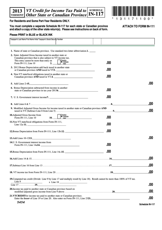 Fillable Schedule In-117 - Vt Credit For Income Tax Paid To Other State Or Canadian Province - 2013 Printable pdf