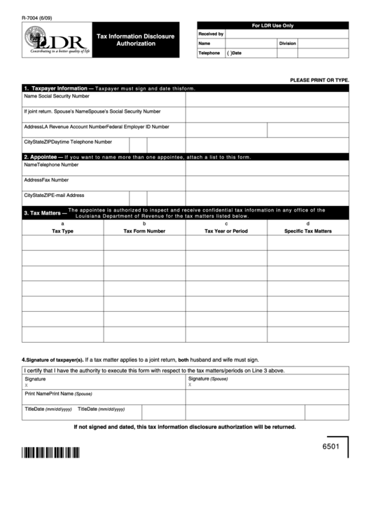 Fillable Form R-7004 - Tax Information Disclosure Authorization Printable pdf