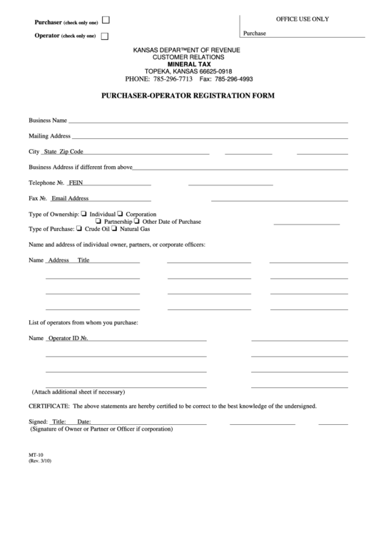 Form Mt-10 - Purchaser-Operator Registration Form Printable pdf