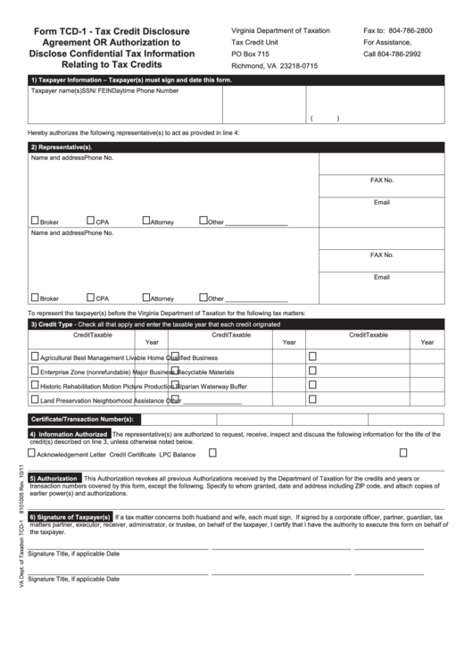 Fillable Form Tcd-1 - Virginia Tax Credit Disclosure Agreement Or Authorization To Disclose Confidential Tax Information Relating To Tax Credits Printable pdf