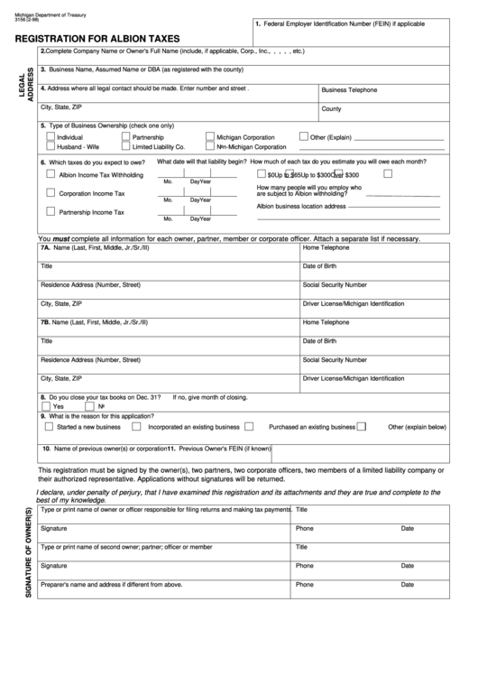Fillable Form 3156 - Registration For Albion Taxes Printable pdf
