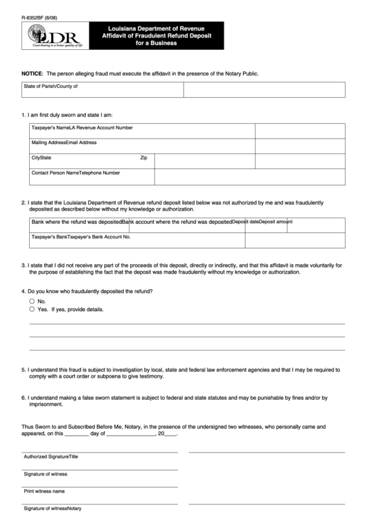 Fillable Form R-8352bf - Affidavit Of Fraudulent Refund Deposit For A Business Printable pdf