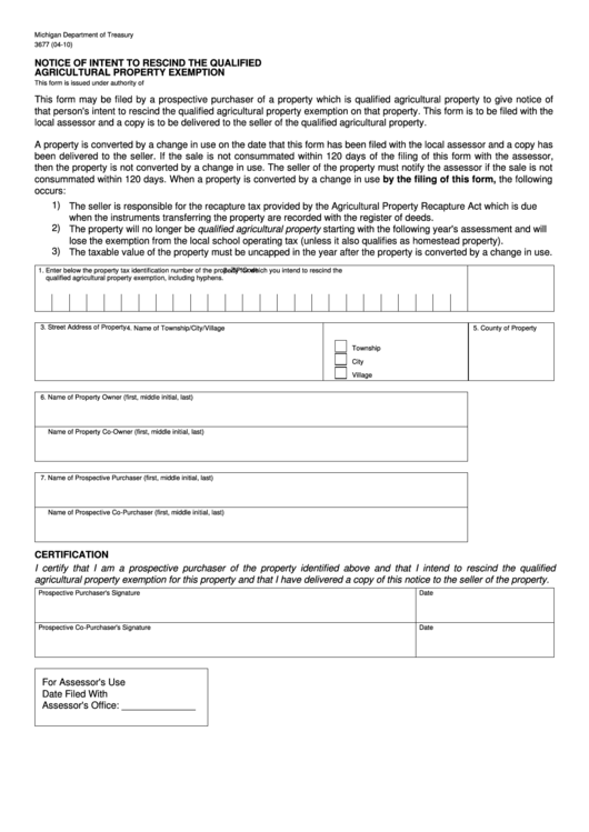 Form 3677 - Notice Of Intent To Rescind The Qualified Agricultural Property Exemption Printable pdf