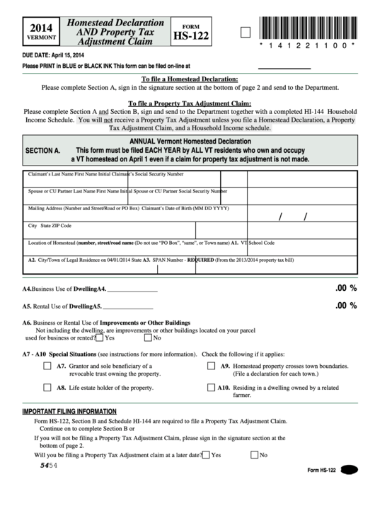 Fillable Form Hs-122 - Vermont Homestead Declaration And Property Tax Adjustment Claim - 2013 Printable pdf