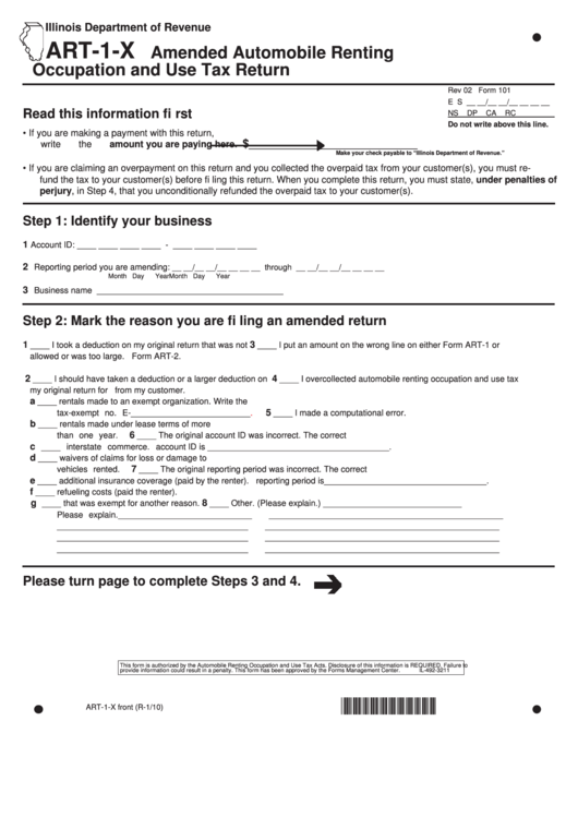 Fillable Form Art-1-X - Amended Automobile Renting Occupation And Use Tax Return Printable pdf