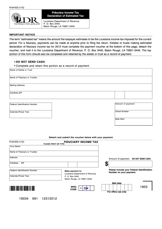 Fillable Form R-541es - Fiduciary Income Tax Declaration Of Estimated Tax Printable pdf