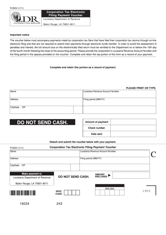 Fillable Form R-6004 - Corporation Tax Electronic Filing Payment Voucher Printable pdf