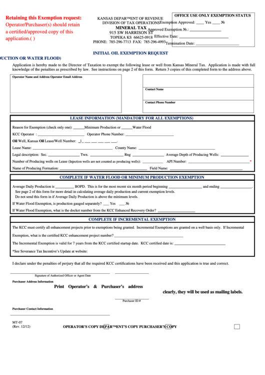 Fillable Form Mt-07 - Initial Oil Exemption Request (Minimum Production Or Water Flood) Printable pdf