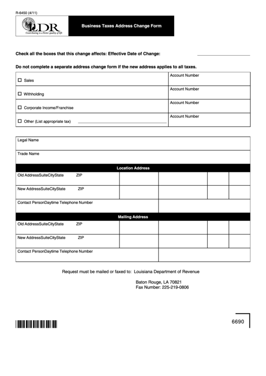 Fillable Form R-6450 - Business Taxes Address Change Form Printable pdf