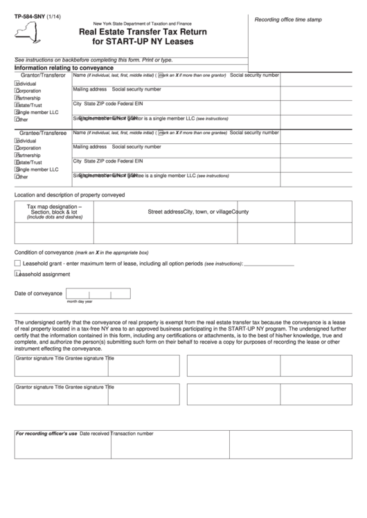 Form Tp-584-Sny - Real Estate Transfer Tax Return For Start-Up Ny Leases Printable pdf
