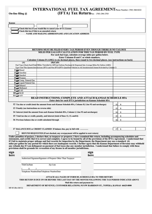 Fillable Form Mf-85 - International Fuel Tax Agreement (Ifta) Tax Return Printable pdf