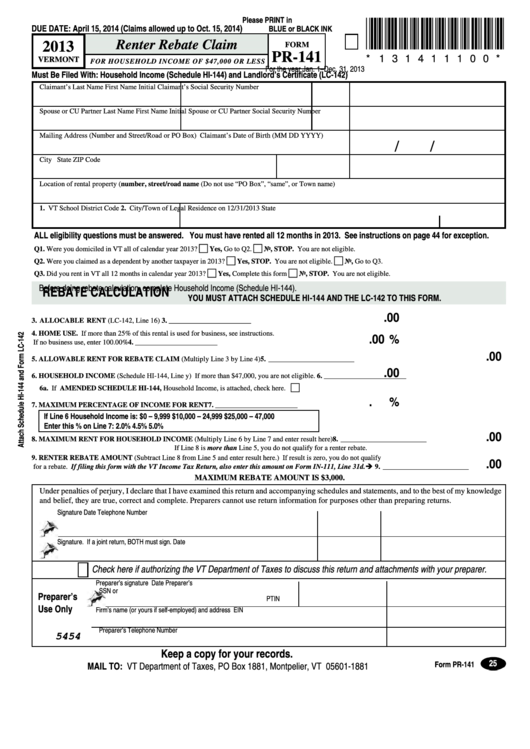 fillable-form-pr-141-vermont-renter-rebate-claim-2013-printable-pdf-download