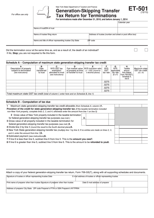 Form Et-501 - Generation-Skipping Transfer Tax Return For Terminations Printable pdf