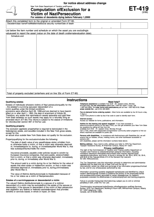 Form Et-419 - Computation Of Exclusion For A Victim Of Nazi Persecution Printable pdf