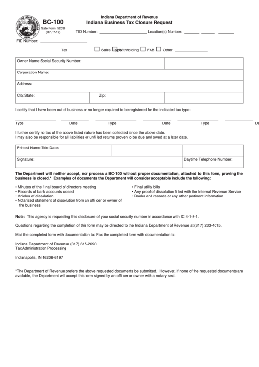 Fillable Form Bc-100 - Indiana Business Tax Closure Request Printable pdf