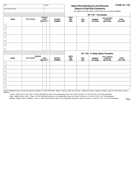 Fillable Form Wi 1725 - Idaho Wine Distributors And Wineries Report Of Odd-Size Containers Printable pdf