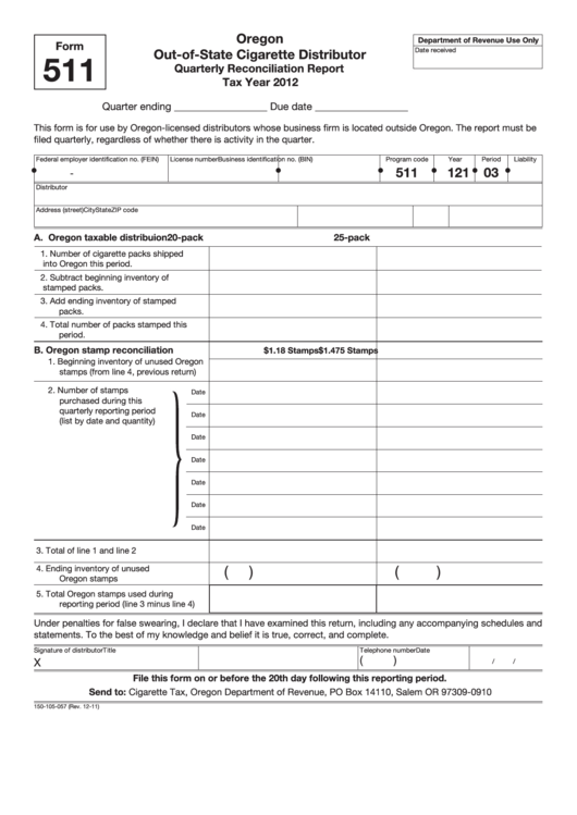Fillable Form 511 - Out-Of-State Cigarette Distributor Quarterly Reconciliation Reports - 2012 Printable pdf