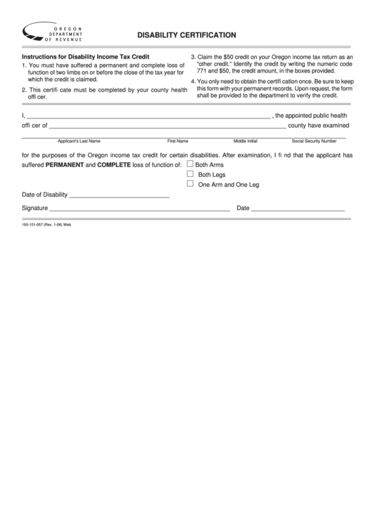 Fillable Form 150-101-057 - Disability Certification Printable pdf