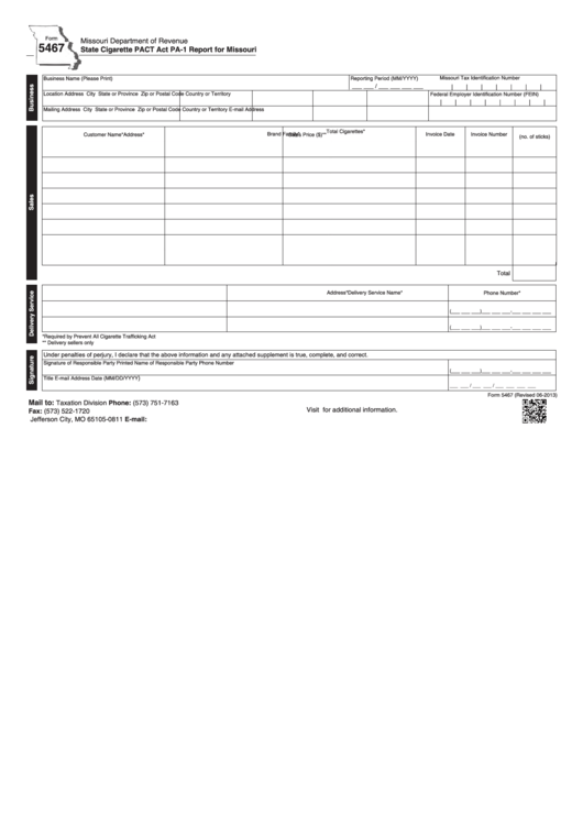 Fillable Form 5467 - State Cigarette Pact Act Pa-1 Report For Missouri Printable pdf