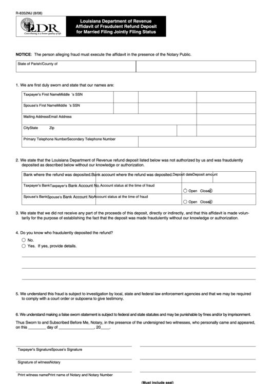 Fillable Form R-8352mj - Affidavit Of Fraudulent Refund Deposit For Married Filing Jointly Filing Status Printable pdf