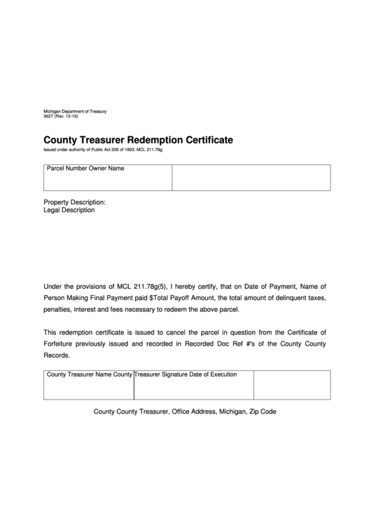 Form 3627 - County Treasurer Redemption Certificate Printable pdf