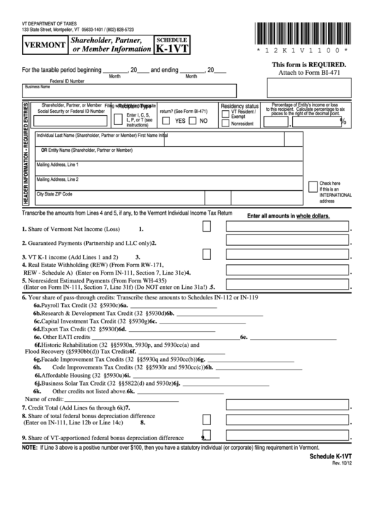 Fillable Schedule K-1vt - Vermont Shareholder, Partner, Or Member Information Printable pdf