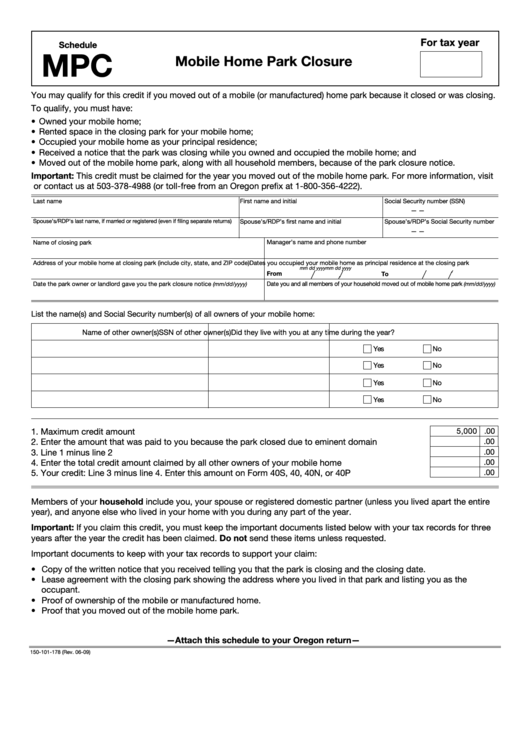 Fillable Form 150-101-178 - Schedule Mpc - Mobile Home Park Closure Printable pdf