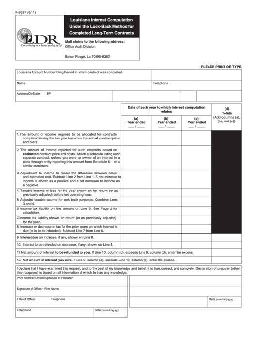 Fillable Form R-8697 - Louisiana Interest Computation Under The Look-Back Method For Completed Long-Term Contracts Printable pdf