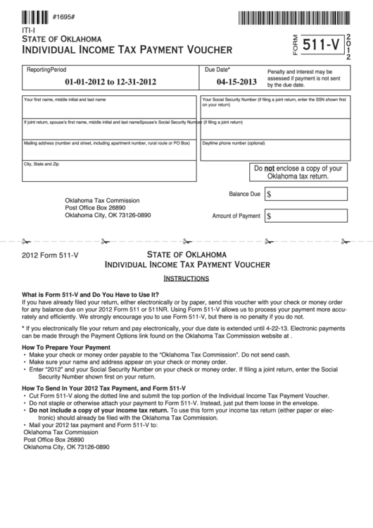 Fillable Form 511-V - Individual Income Tax Payment Voucher - 2012 Printable pdf