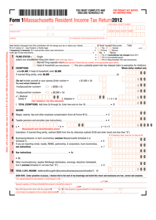 Fillable Form 1 Massachusetts Resident Income Tax Return 2012 