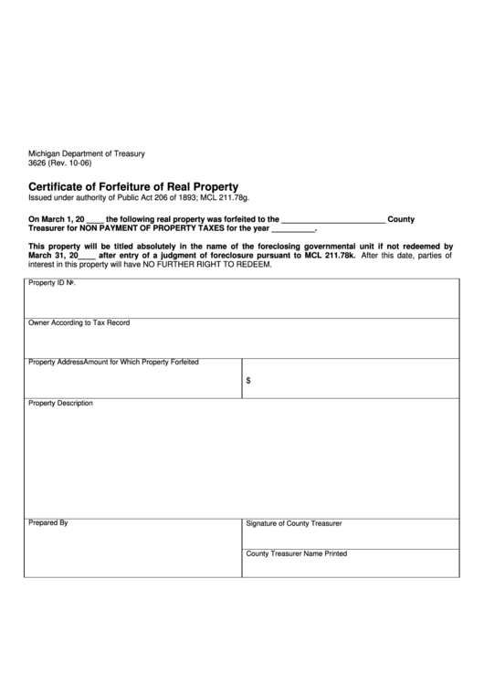 Form 2626 - Certificate Of Forfeiture Of Real Property Printable pdf