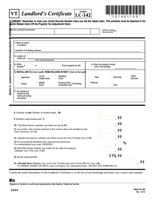Fillable Form Lc-142 - Vt Landlord