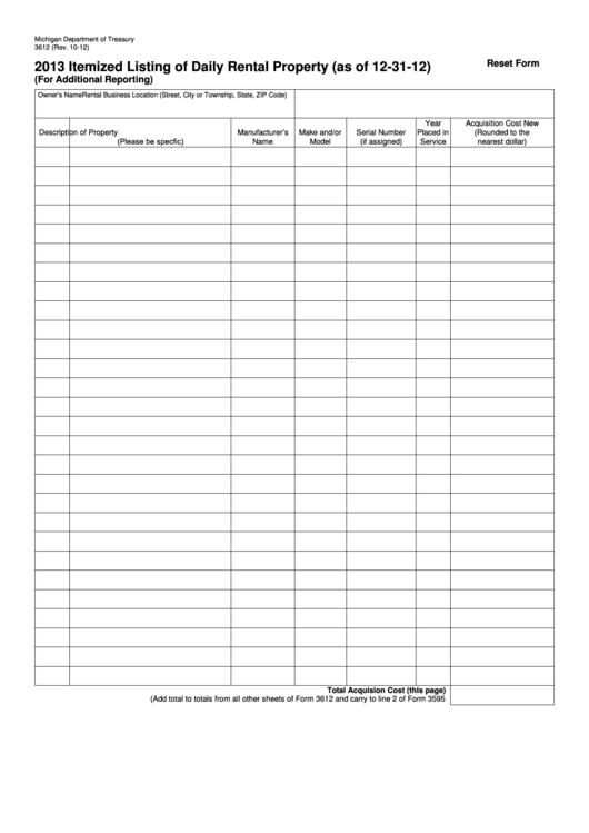 Fillable Form 3612 - Itemized Listing Of Daily Rental Property (As Of 12-31-12) - 2013 Printable pdf