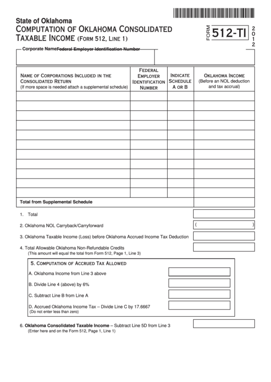 Fillable Form 512-Ti - Computation Of Oklahoma Consolidated Taxable Income (Form 512, Line 1) - 2012 Printable pdf