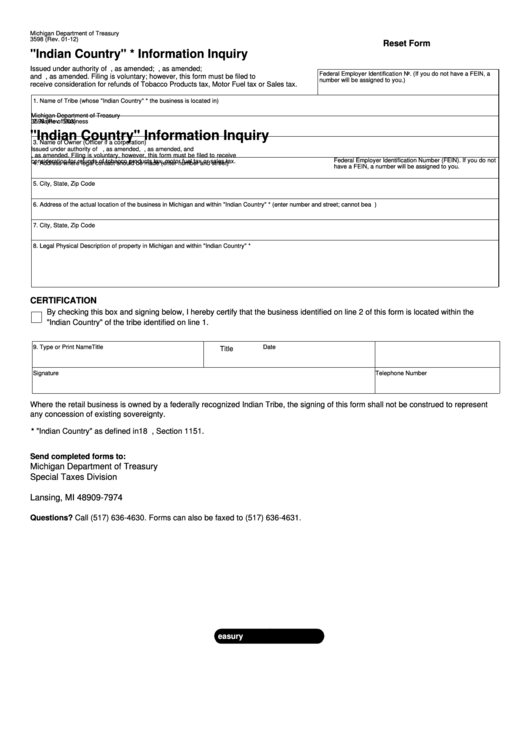 Fillable Form 3598 - Indian Country Information Inquiry Printable pdf