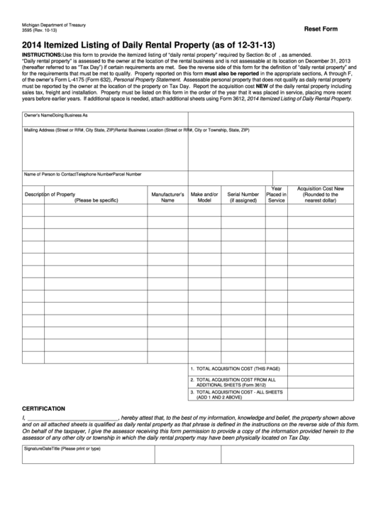 Fillable Form 3595 - Itemized Listing Of Daily Rental Property (As Of 12-31-13) - 2014 Printable pdf