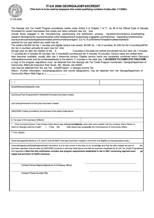 Fillable Form It-Ca - Georgia Job Tax Credit - 2008 Printable pdf