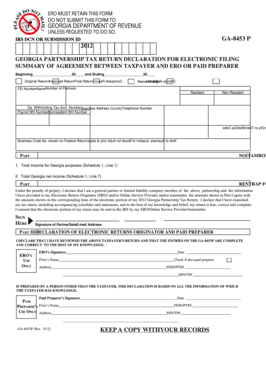 Fillable Form Ga-8453 P - Georgia Partnership Tax Return Declaration For Electronic Filing Summary Of Agreement Between Taxpayer And Ero Or Paid Preparer - 2012 Printable pdf