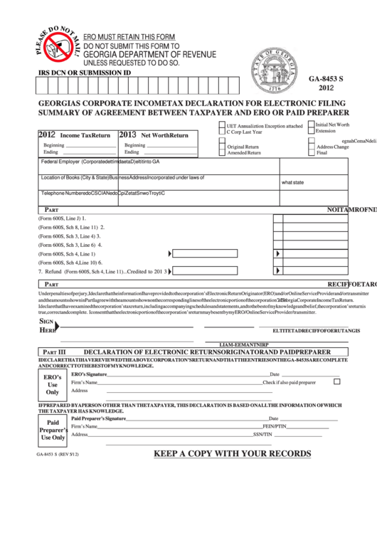 Fillable Form Ga-8453 S - Georgia S Corporate Income Tax Declaration For Electronic Filing Summary Of Agreement Between Taxpayer And Ero Or Paid Preparer - 2012 Printable pdf