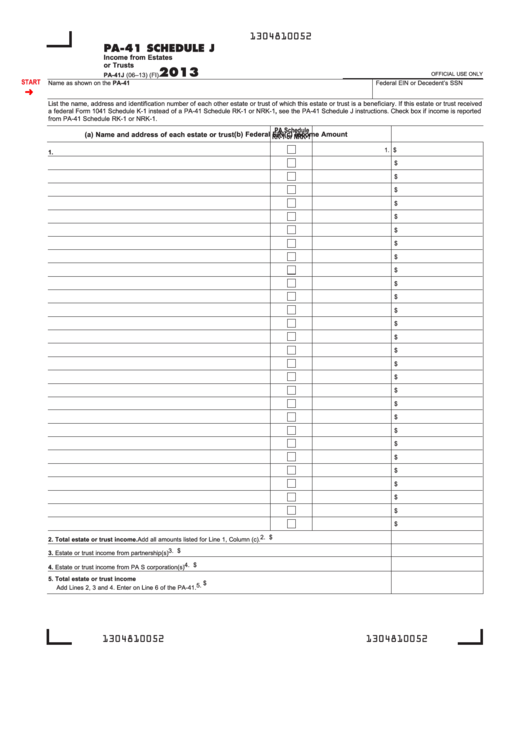 Fillable Form Pa-41j - Pa-41 Schedule J - Income From Estates Or Trusts - 2013 Printable pdf