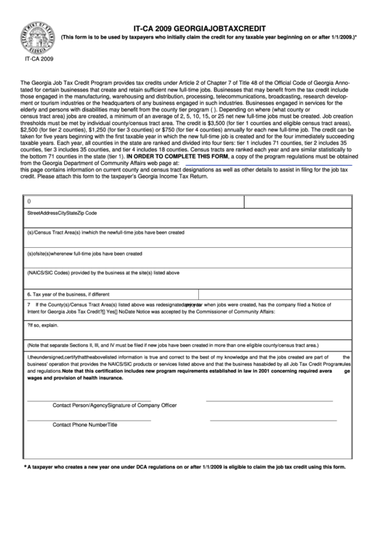 Fillable Form It-Ca - Georgia Job Tax Credit - 2009 Printable pdf