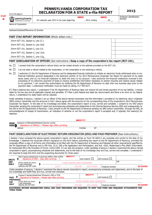 Fillable Form Pa-8453-C - Pennsylvania Corporation Tax Declaration For A State E-File Report - 2013 Printable pdf