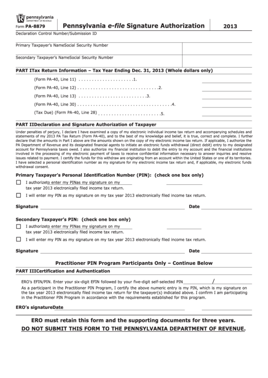 Form Pa-8879 - Pennsylvania E-File Signature Authorization - 2013 Printable pdf